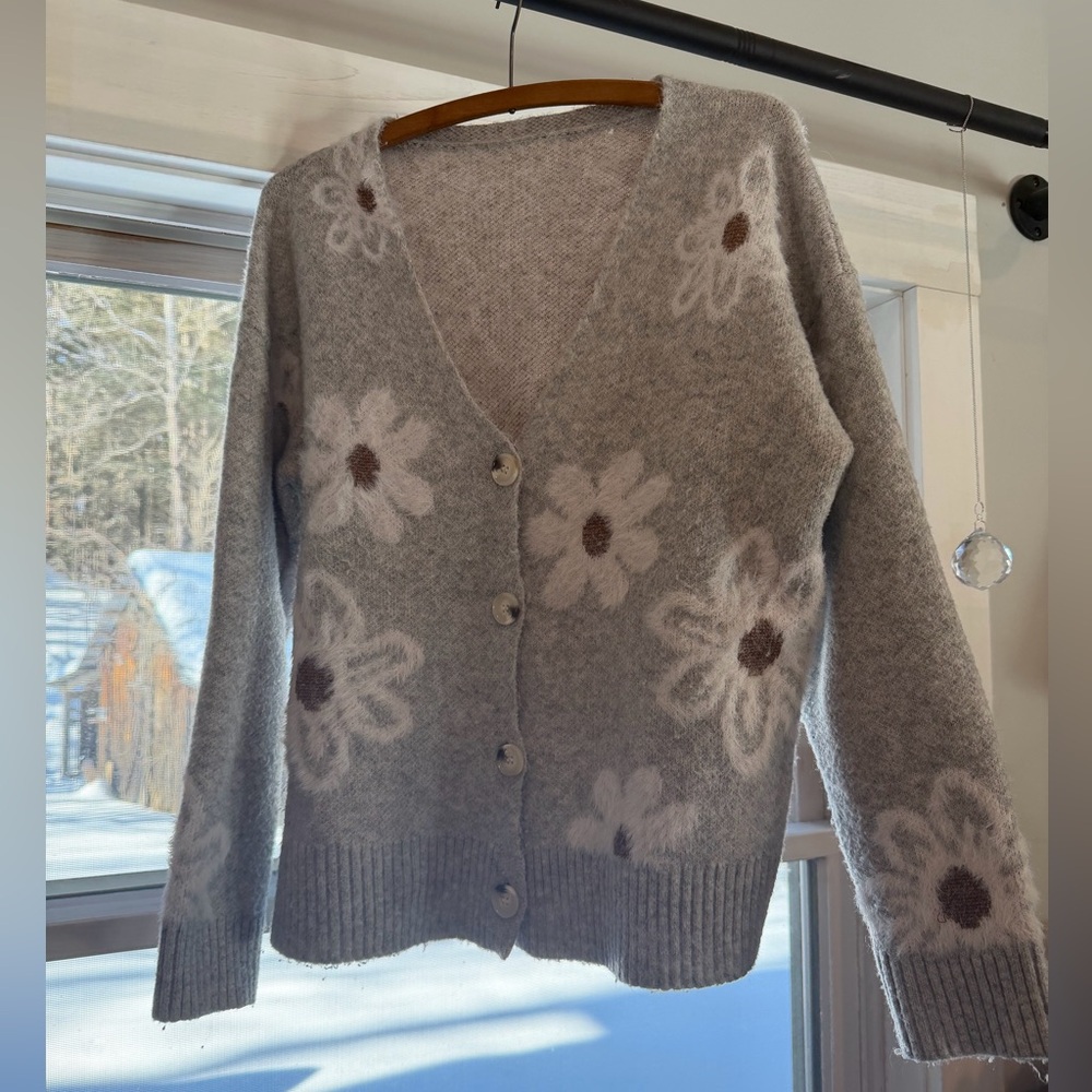 Floral Gray Cardigan Sweater